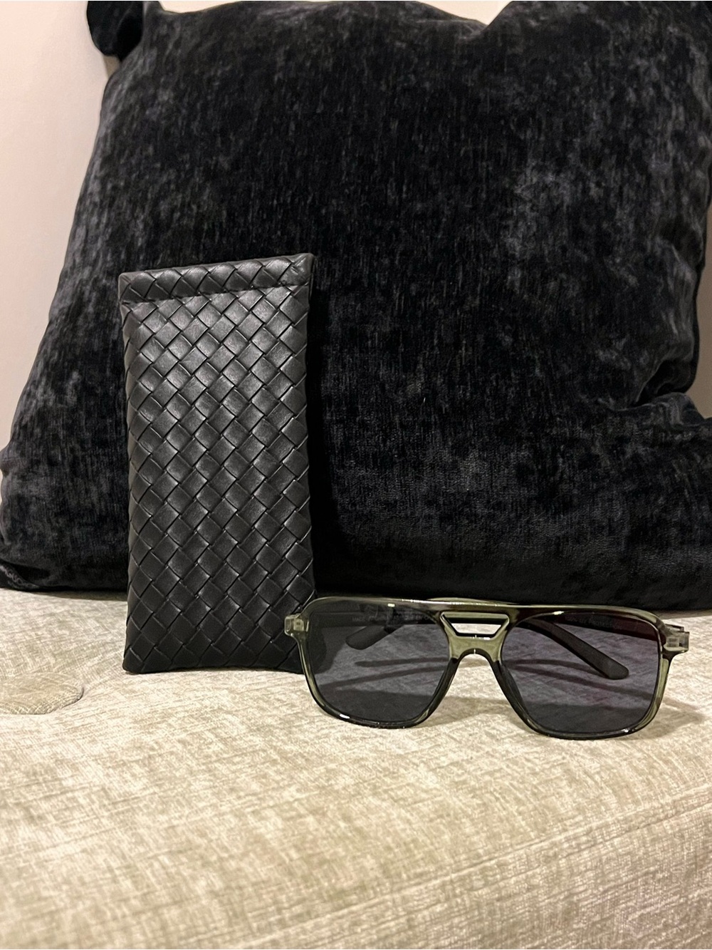 Black Woven Leather Sunglasses Case with Black Sunglasses